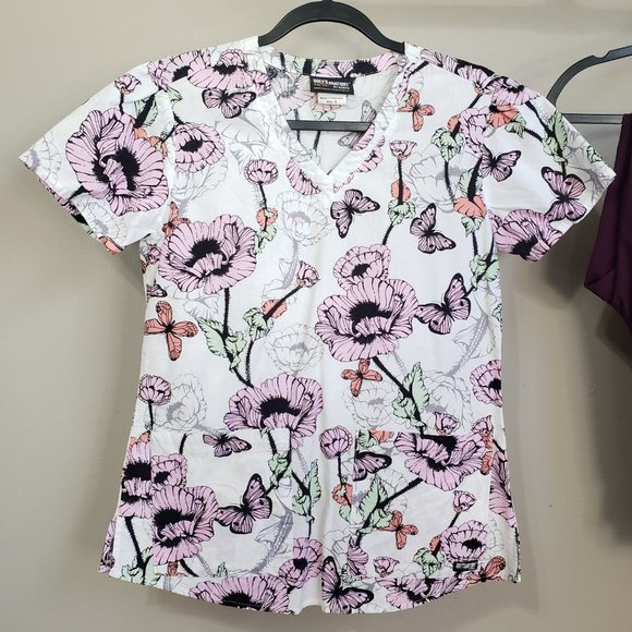Grey's Anatomy White Floral Scrub Top Purple Cargo Scrub Pants Set Size Small - Picture 3 of 16